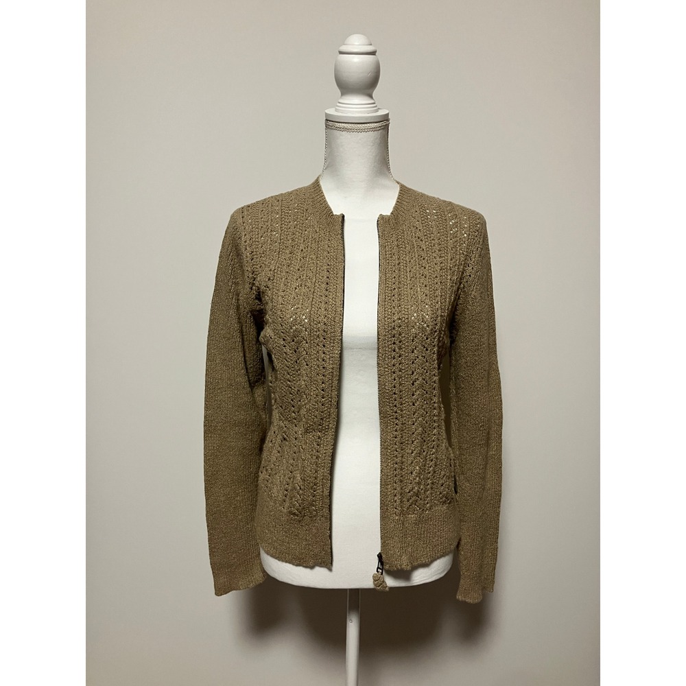 Woolrich Womens Open Knit Full Zip Cardigan Sweater Small Khaki